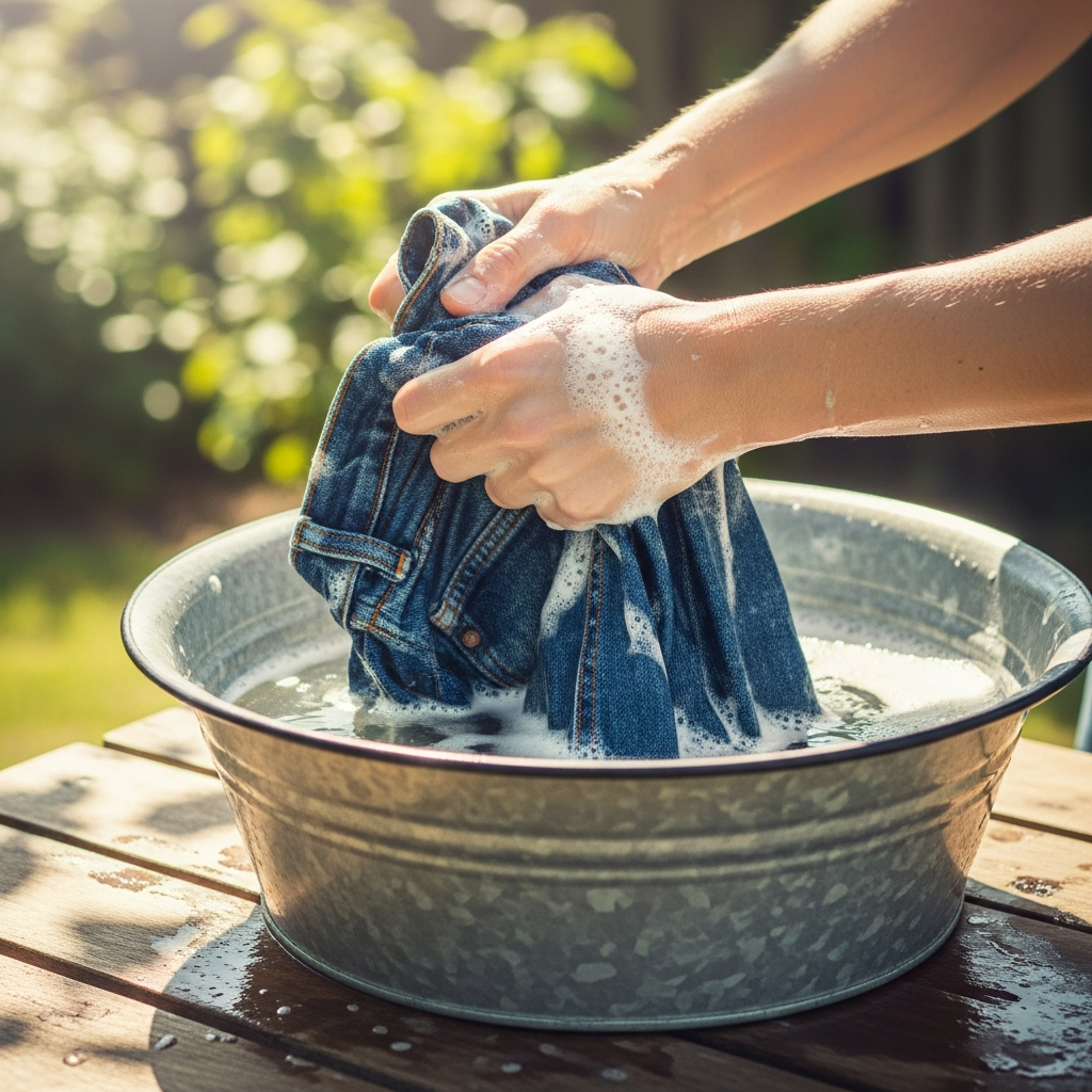 Lavage manuel de jeans vintage dans une bassine
